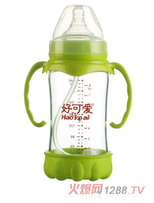 好可愛(ài)寬口自動(dòng)吸管手柄弧形晶鉆玻璃奶瓶240ML